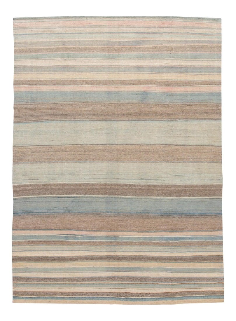 Handmade Wool Kilim Rug 8'6 x 11'10 Modern Geometric Stripes: Handmade Wool Kilim Rug 8'6 x 11'10 Modern Geometric Stripes Enhance your space with this stunning modern flat-weave Kilim rug, expertly handcrafted from high-quality wool. Featuring a captivating all