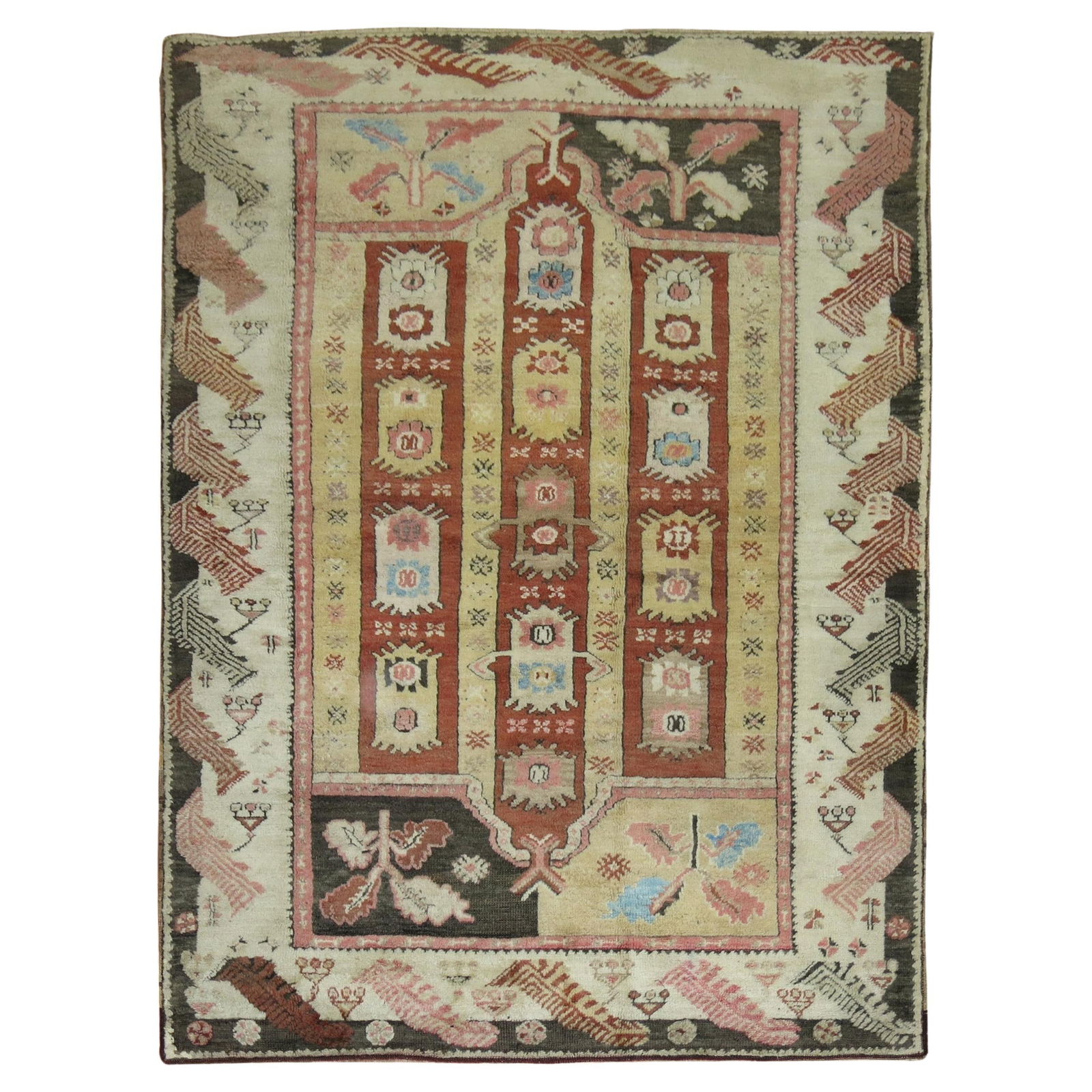 Zabihi Collection Early 20th Century Wool Turkish Rug 4'3'' x 5'6'': Zabihi Collection Early 20th Century Wool Turkish Rug 4'3'' x 5'6'' Discover the charm of this whimsical Turkish rug from the early 20th century. This scatter size rug features a delightful