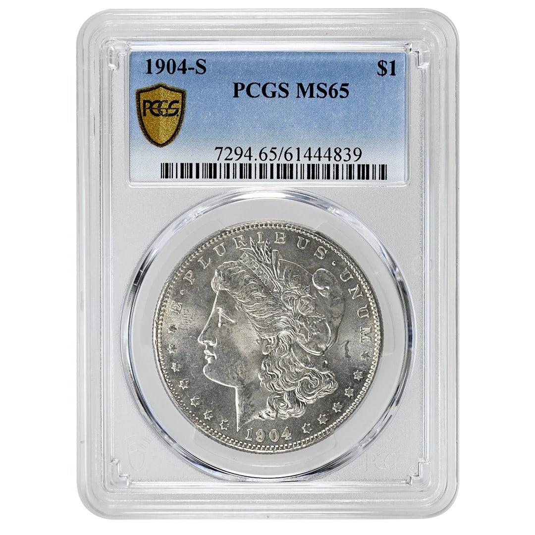 PCGS MS65 1904-S Silver Morgan Dollar San Francisco Mint: PCGS MS65 1904-S Silver Morgan Dollar San Francisco Mint This 1904-S Morgan Dollar is a rare, uncirculated silver coin, certified by PCGS with a grade of MS65. Minted in San Francisco, it features sha