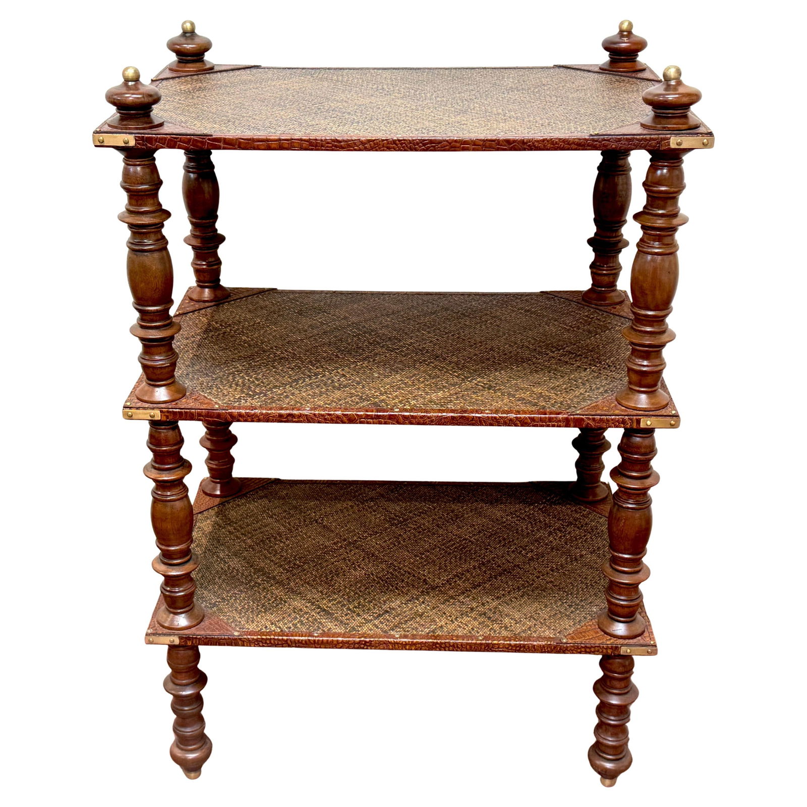 Anglo-Indian Three-Tier Etagere Leather Brass Rattan Shelf (1 of 13)