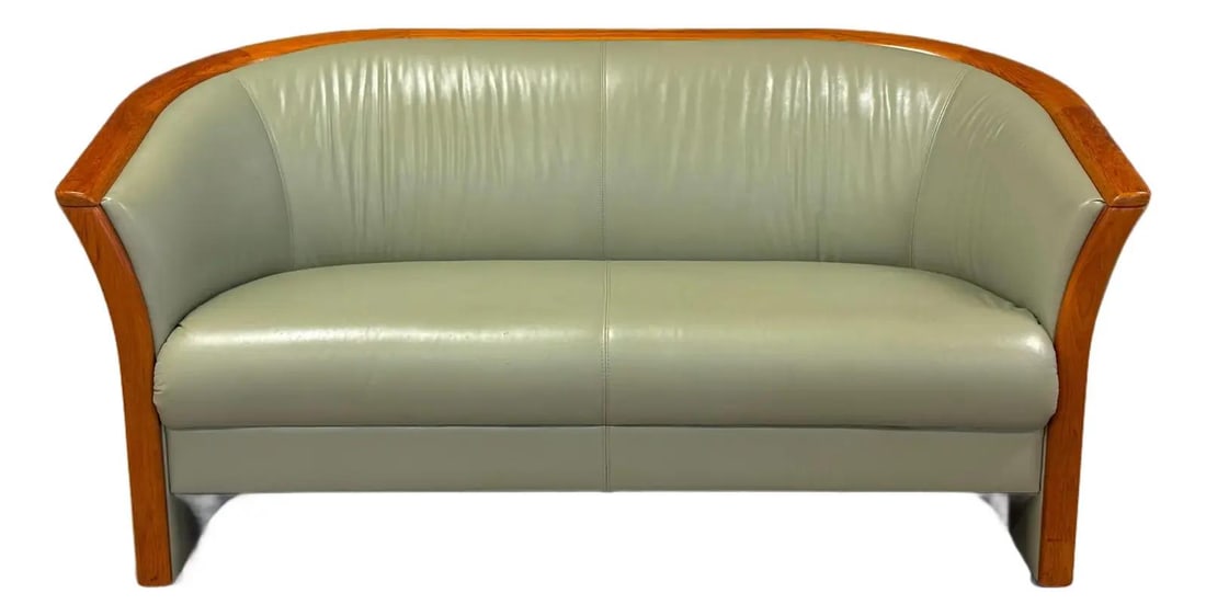 1990s Ekornes Teak and Mint Green Leather Loveseat Sofa (1 of 9)