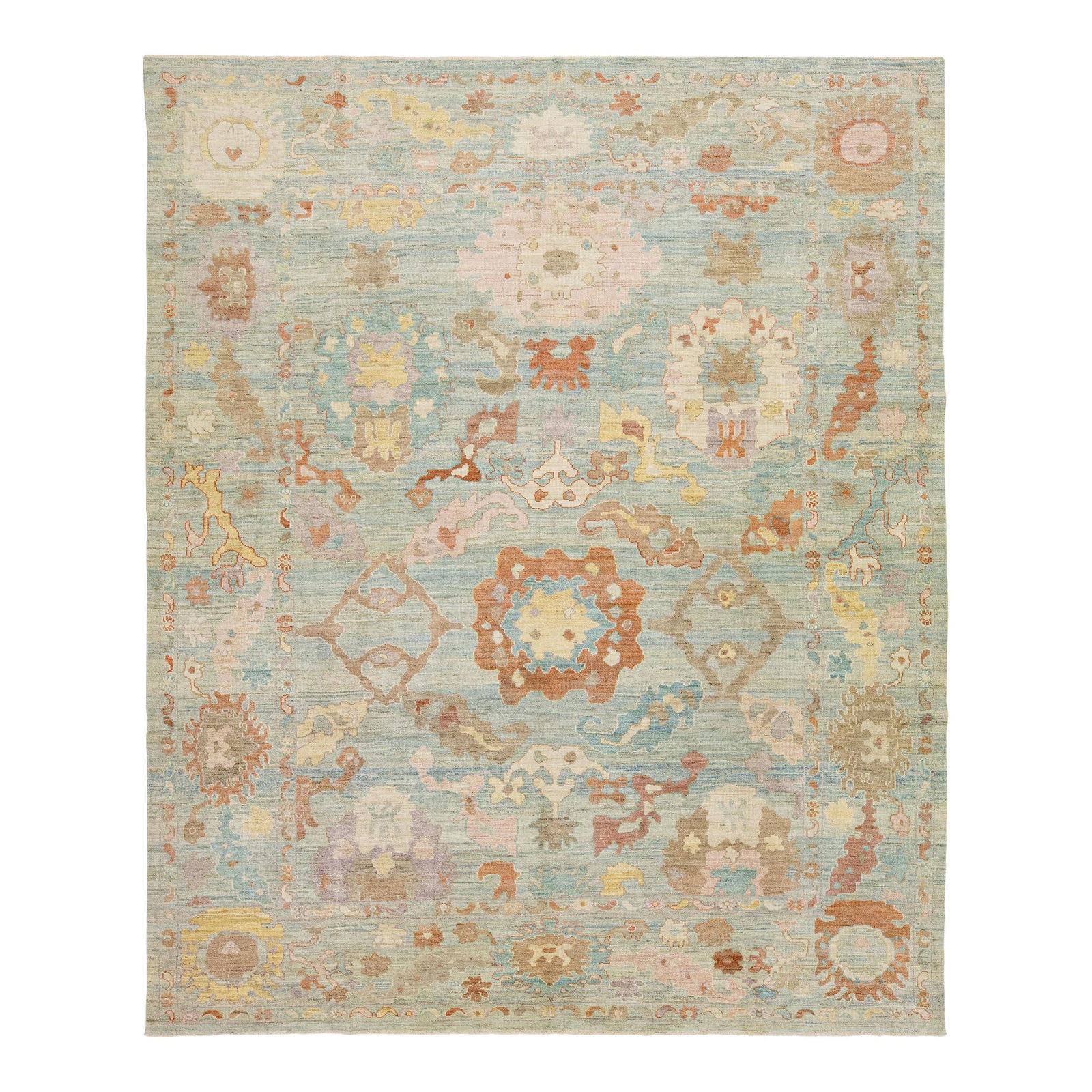 Handmade Modern Sultanabad Wool Rug Light Blue 10'1 x 12'5: Handmade Modern Sultanabad Wool Rug Light Blue 10'1 x 12'5 This exquisite handmade wool rug offers a modern take on the classic Sultanabad design, featuring a captivating light blue hue. The rug showc