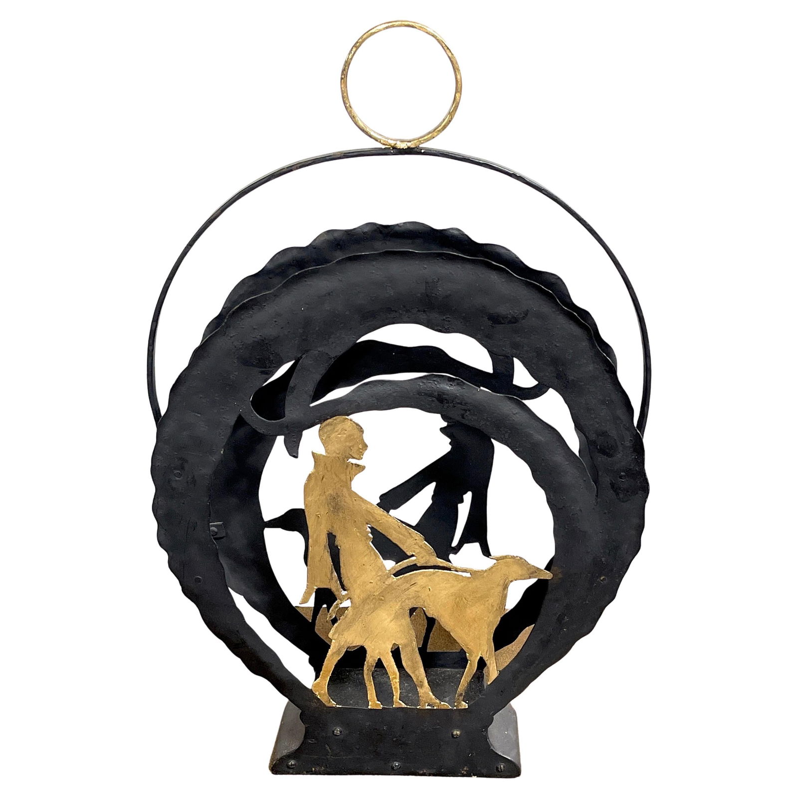 Vintage Art Deco Gilt Iron Dog Flapper Magazine Rack 1920s: Vintage Art Deco Gilt Iron Dog Flapper Magazine Rack 1920s This striking American Art Deco magazine rack showcases a unique design featuring a flapper elegantly walking a large dog, possibly an Afghan