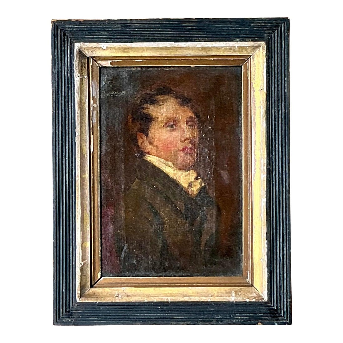 19th Century Vintage Oil Portrait on Canvas in Black Frame: 19th Century Vintage Oil Portrait on Canvas in Black Frame Step back in time with this captivating Vintage Traditional Original 19th Century Oil Portrait on Canvas. This authentic antique painting fea