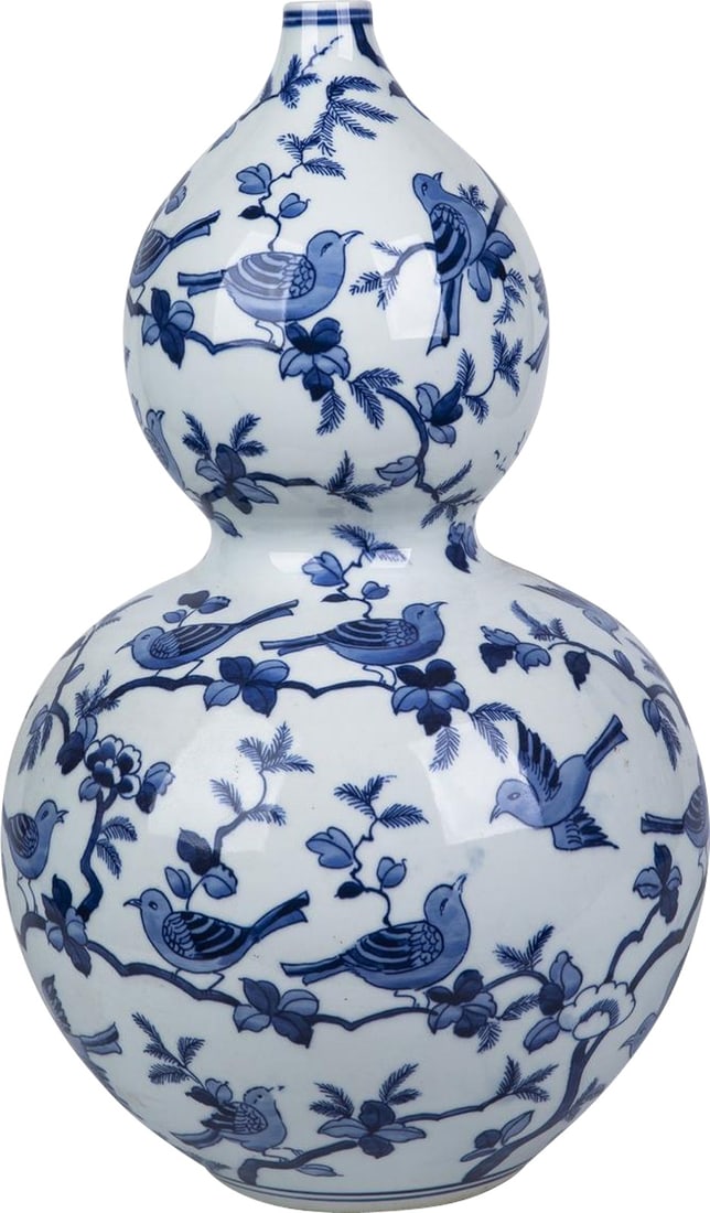 Hand-Crafted Ceramic Gourd Vase with Bird Motif in Blue (1 of 3)