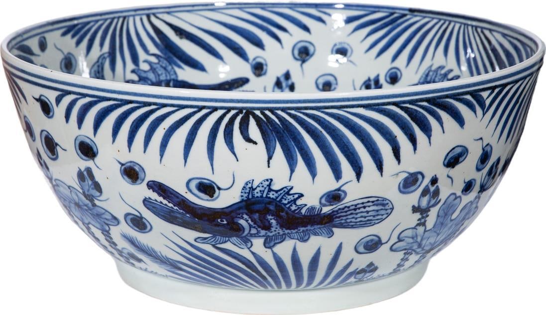 Hand-Crafted Blue White Ceramic Fish Bowl Chinoiserie Style (1 of 6)