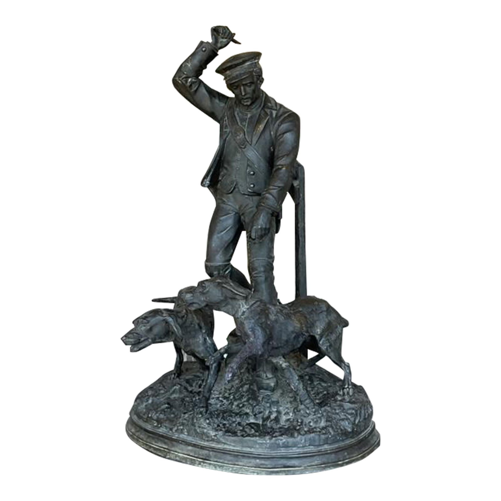 Vintage Boho Black Metal Sculpture of Man with Hounds 19.5" (1 of 8)