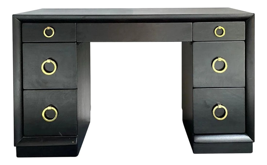 Mid-Century Modern Mahogany Writing Desk by Robsjohn-Gibbings for Widdicomb: Mid-Century Modern Mahogany Writing Desk by Robsjohn-Gibbings for Widdicomb Introducing a distinguished vintage writing desk, a stunning example of the iconic Mid-Century Modern design by T.H. Robsjoh