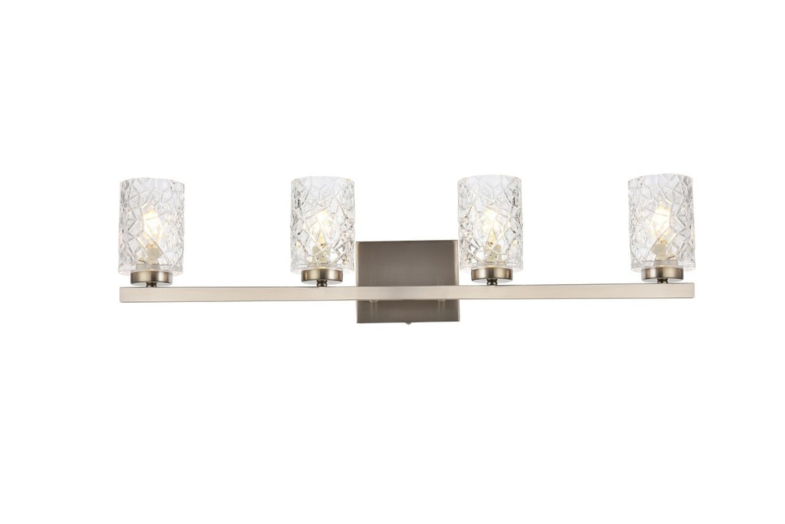 Cassie 4 Light Wall Sconce Stain Nickel Finish with Glass Shades 32": Cassie 4 Light Wall Sconce Stain Nickel Finish with Glass Shades 32" Illuminate your space with this stylish 32-inch Wall Sconce featuring a modern stain nickel finish and clear glass shades. Designed