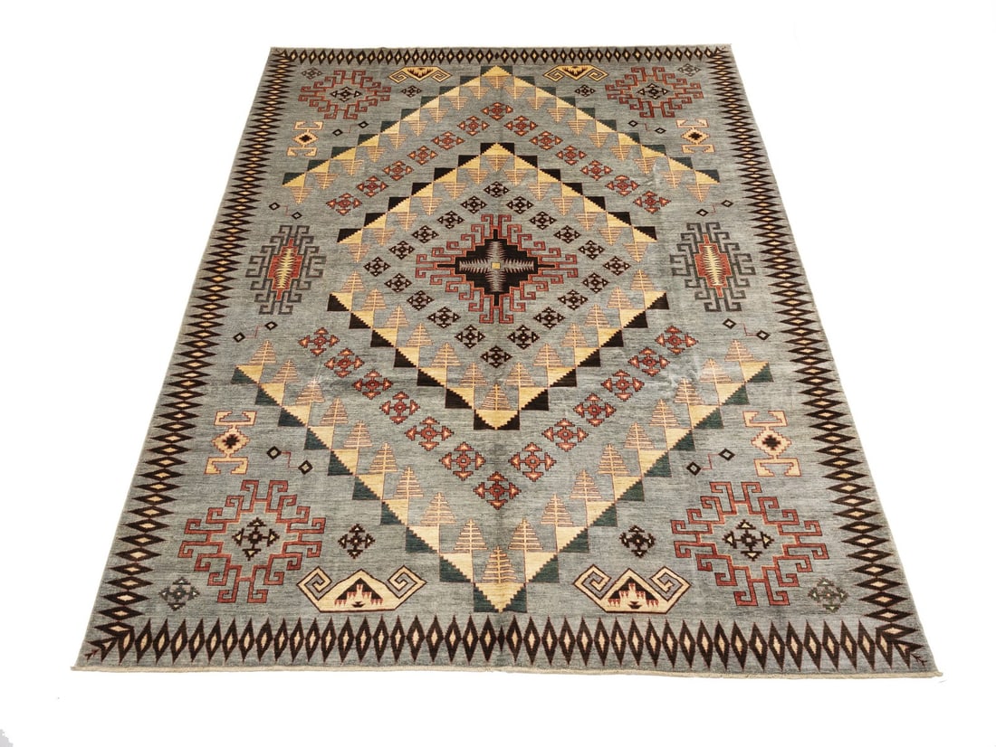 Handmade Geometric Tribal Afghan Wool Rug 13'9 x 10'1 Modern Decor: Handmade Geometric Tribal Afghan Wool Rug 13'9 x 10'1 Modern Decor Elevate your living space with this stunning 10'1" x 13'9" Geometric Tribal Afghan Oriental Rug. Handmade in Central Asia, this area