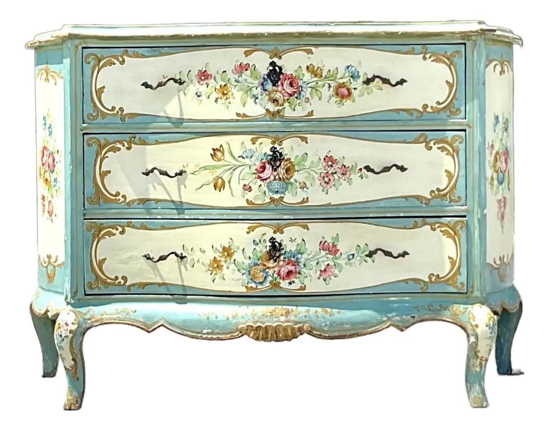 Vintage Regency Hand Painted Floral Chest of Drawers Aqua Giltwood: Vintage Regency Hand Painted Floral Chest of Drawers Aqua Giltwood Add a touch of whimsical charm and romantic elegance to your home with this Vintage Regency Hand Painted Floral Chest of Drawers. Thi