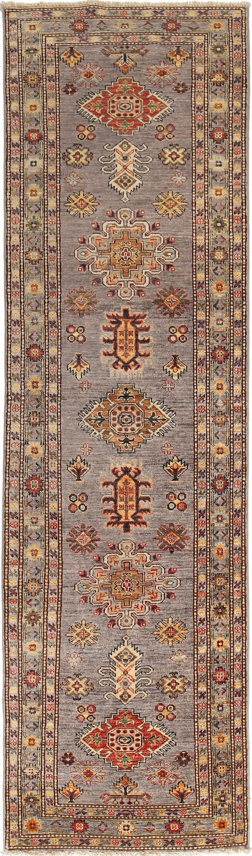 2.9 x 10.1 Hand-Knotted Super Kazak Runner Rug in Gray (1 of 8)