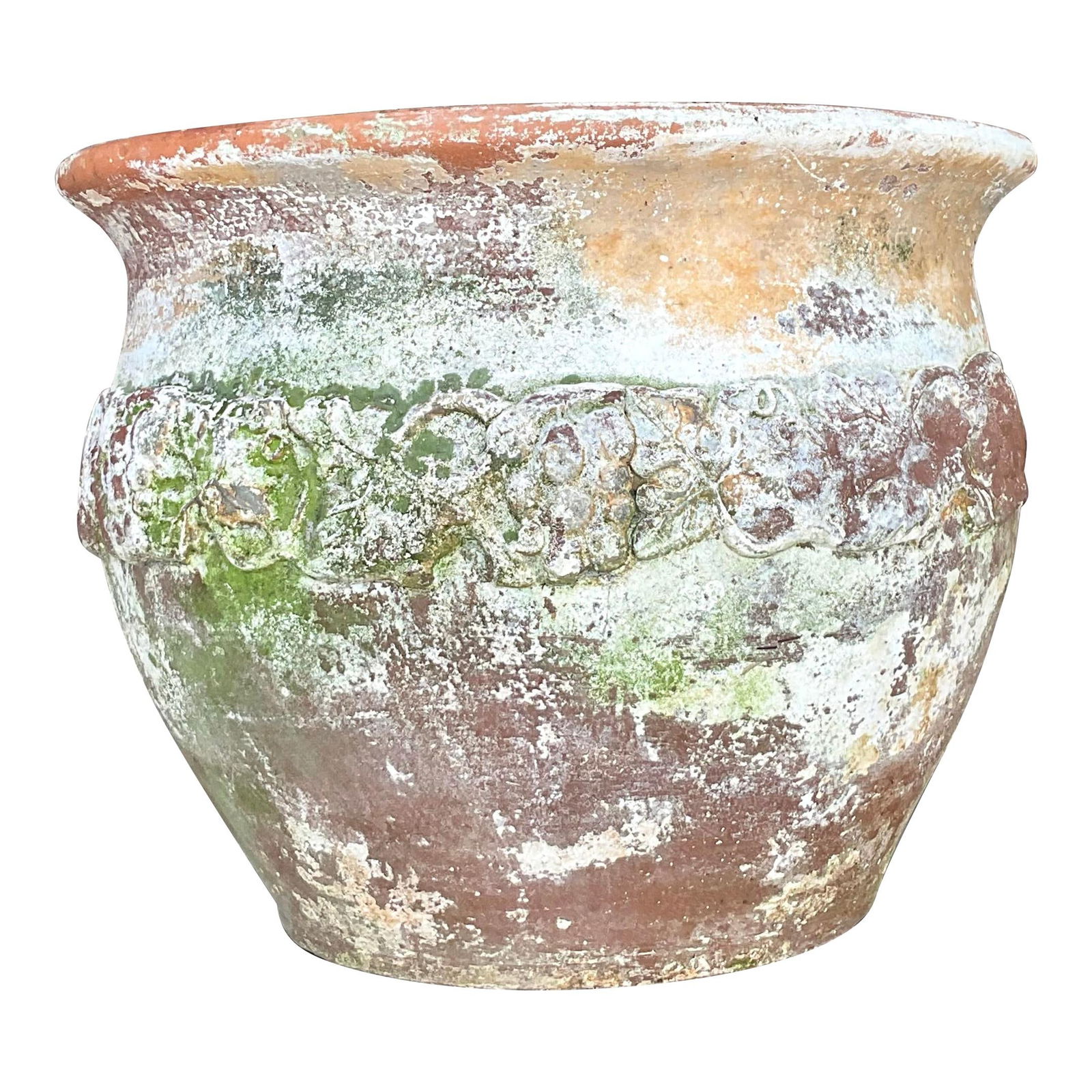 Vintage Boho Terra Cotta Planter with Floral Band Design: Vintage Boho Terra Cotta Planter with Floral Band Design Enhance your garden or indoor space with this Vintage Boho Patinated Floral Band Terra Cotta Planter. This charming piece features a beautifull