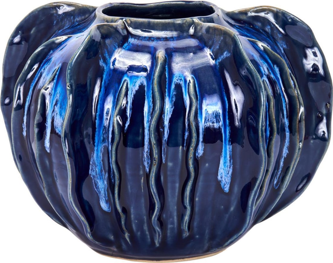 Handmade Antique Style Blue Luffa Decorative Vase 8.5H x 11W x 11D (1 of 2)