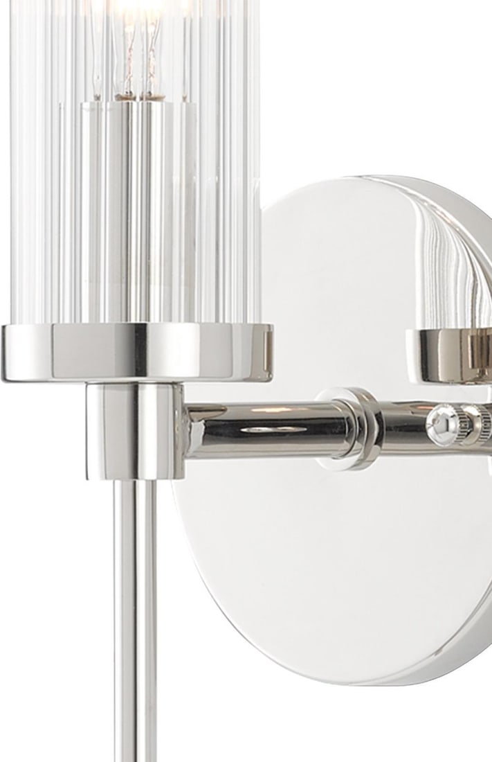 Currey Bellings Polished Nickel Wall Sconce with Glass Shade: Currey Bellings Polished Nickel Wall Sconce with Glass Shade Illuminate your space with the sophisticated Polished Bellings Sconce featuring a stylish glass shade. This contemporary wall sconce is per