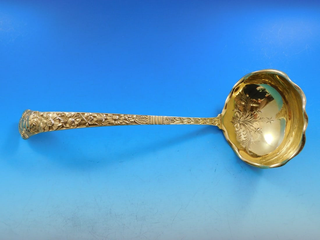 Gorham Cluny Vermeil Sterling Silver Soup Ladle 12 1/4 Goldwashed: Gorham Cluny Vermeil Sterling Silver Soup Ladle 12 1/4 Goldwashed This exquisite Cluny Vermeil soup ladle by Gorham features a stunning gold-washed finish and a bright-cut design. Crafted from high-qu