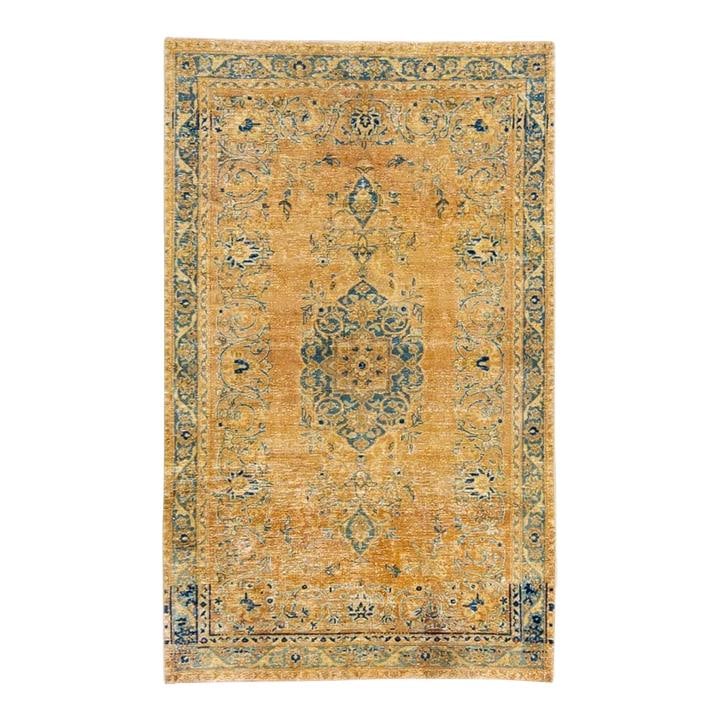 Vintage Persian Handmade Floral Wool Rug 3'5 x 5'6 Tan: Vintage Persian Handmade Floral Wool Rug 3'5 x 5'6 Tan Enhance your space with this exquisite vintage Persian rug, hand-knotted from soft wool. Featuring a warm tan color field, it is bordered by a st
