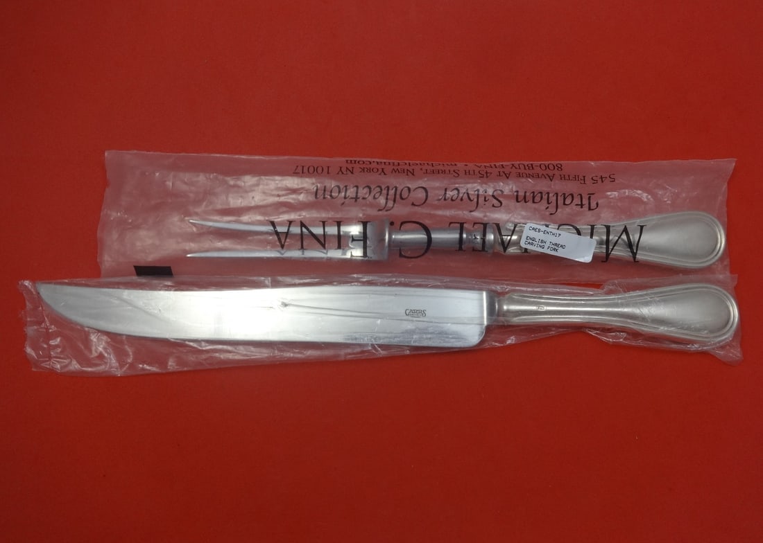 Carrs English Thread Sterling Silver 2pc Roast Carving Set: Carrs English Thread Sterling Silver 2pc Roast Carving Set Enhance your dining experience with this exquisite English Thread Roast Carving Set by Carrs. This 2-piece set features a 14" carving knife a