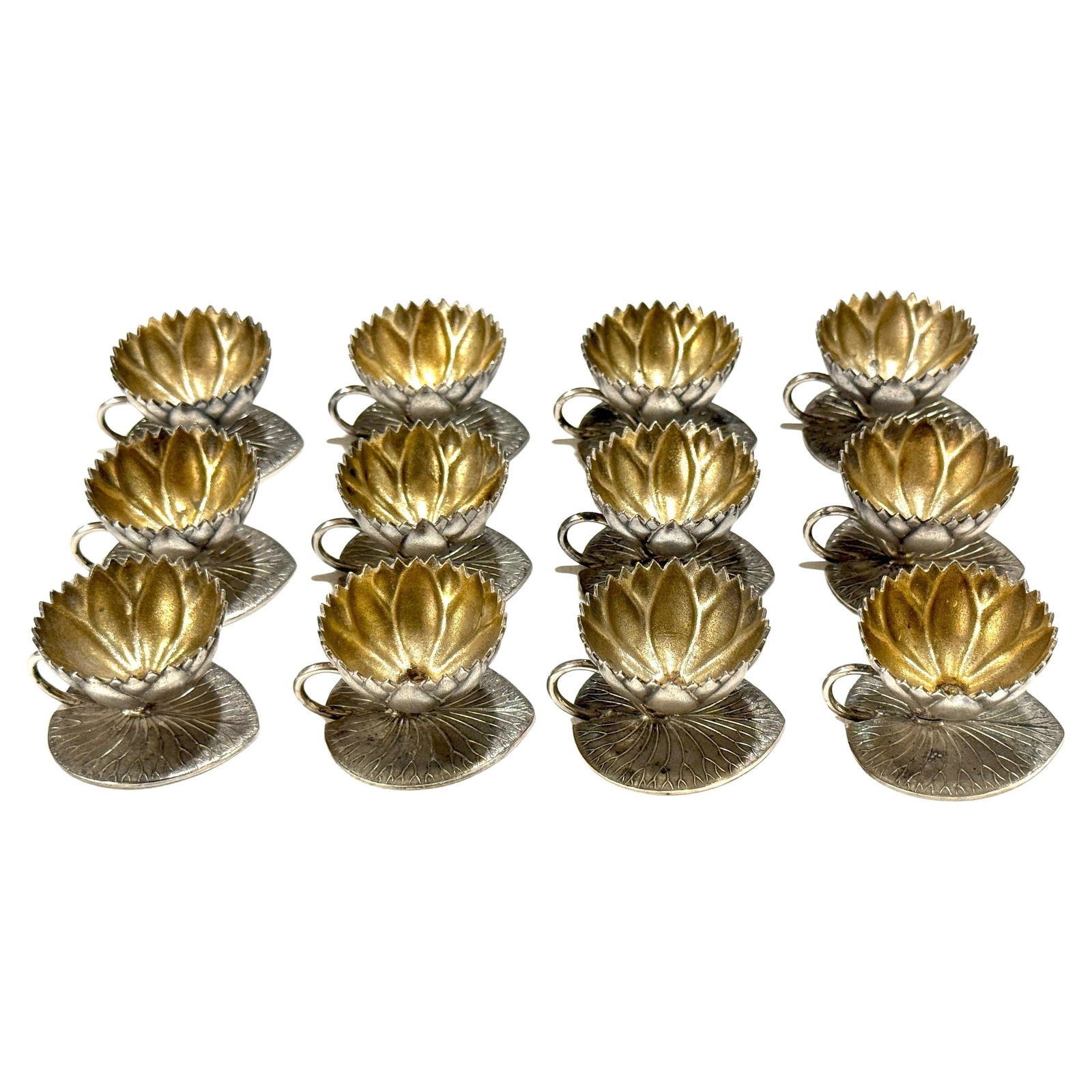 Set of 12 Meriden Aesthetic Movement Goldwashed Lotus Open Salts (1 of 14)