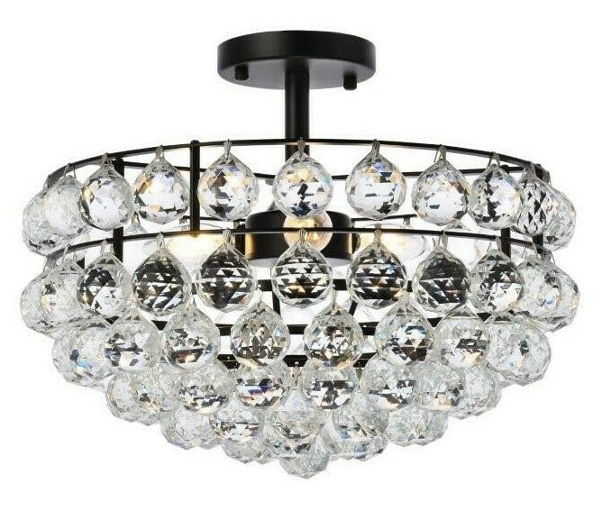 Savannah 16in Crystal Chandelier Black Frame 3-Light Fixture: Savannah 16in Crystal Chandelier Black Frame 3-Light Fixture Illuminate your space with the stunning Savannah Crystal Chandelier, designed for modern elegance. This semi-flush mount light fixture feat