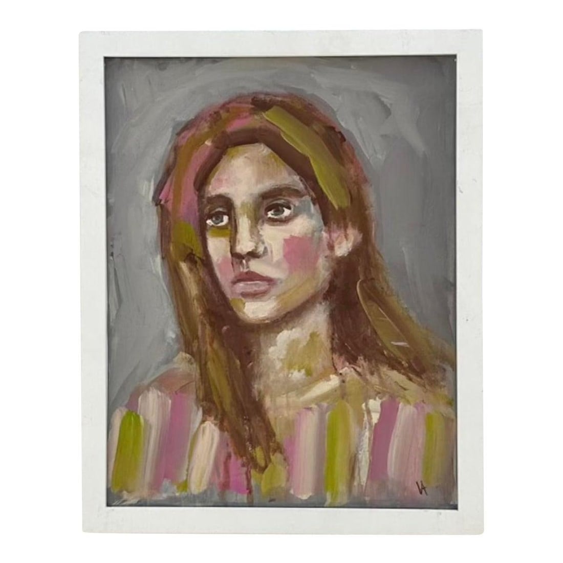 Expressive Young Woman Boho Oil Portrait on Canvas Painting: Expressive Young Woman Boho Oil Portrait on Canvas Painting This vintage boho original portrait is an oil painting on canvas, featuring an expressive depiction of a young woman. The artwork is disting