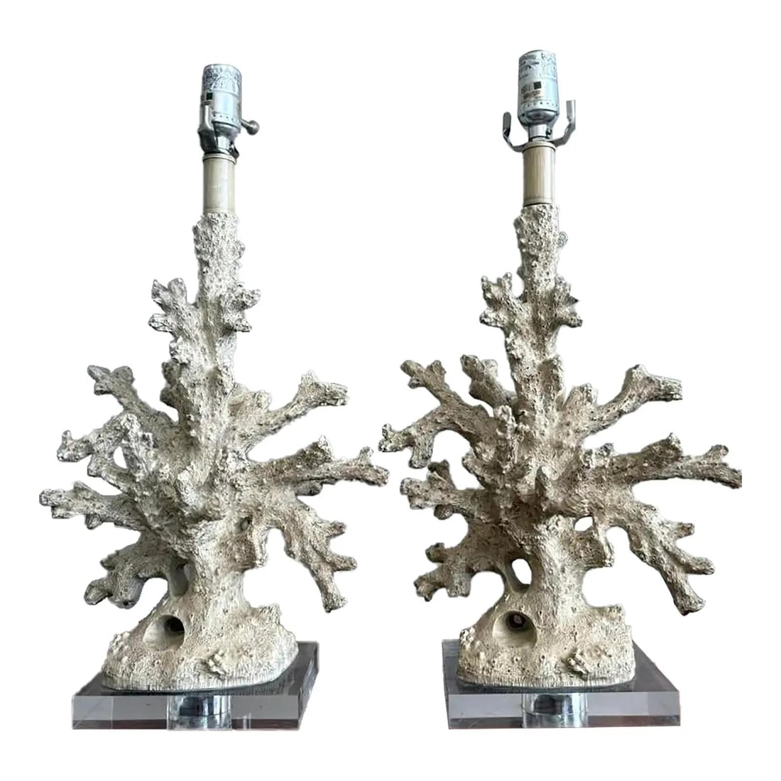 Pair of Vintage Coral Branch Lamps on Lucite Base: Pair of Vintage Coral Branch Lamps on Lucite Base This stunning pair of vintage faux coral branch lamps showcases the organic beauty of coral with their textured, branching forms highlighted in a weat