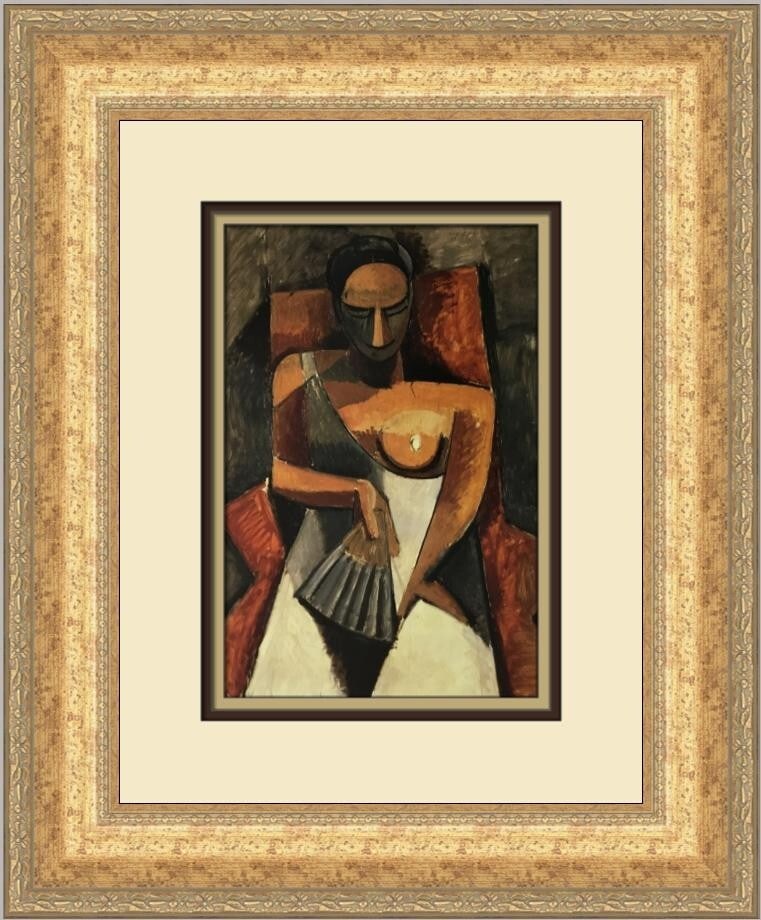 Pablo Picasso Woman with a Fan Custom Framed Print 1992: Pablo Picasso Woman with a Fan Custom Framed Print 1992 This exquisite custom framed print titled "Woman with a Fan" by Pablo Picasso showcases a captivating nude figure. Measuring 18 in height and 15