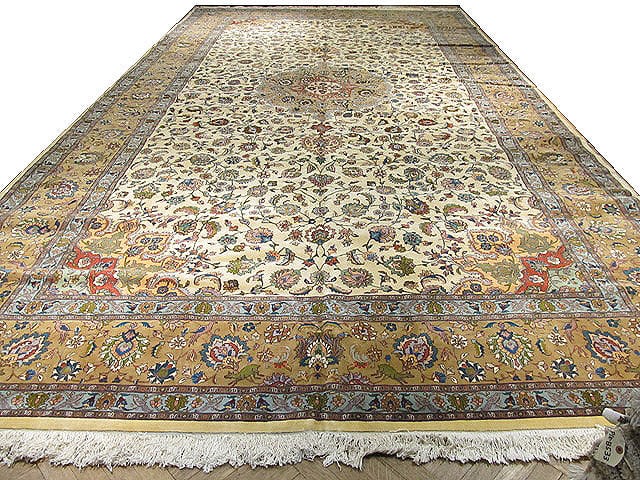 Fine Persian Tabriz Rug 9.2 x 18.2 Ivory Gold Bird Deer Motifs (1 of 6)
