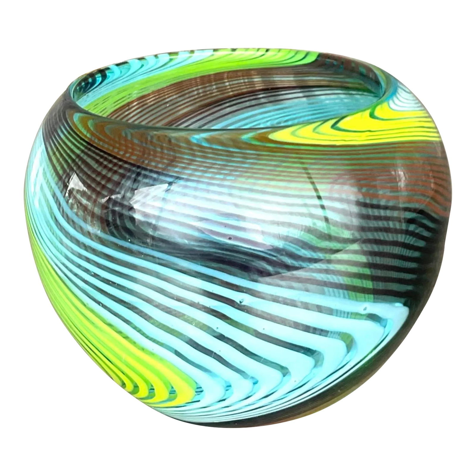Vintage Boho Aqua Art Glass Bowl Inspired by Murano: Vintage Boho Aqua Art Glass Bowl Inspired by Murano This vintage Boho art glass bowl showcases American craftsmanship inspired by traditional Murano techniques. With vibrant aqua colors and intricate