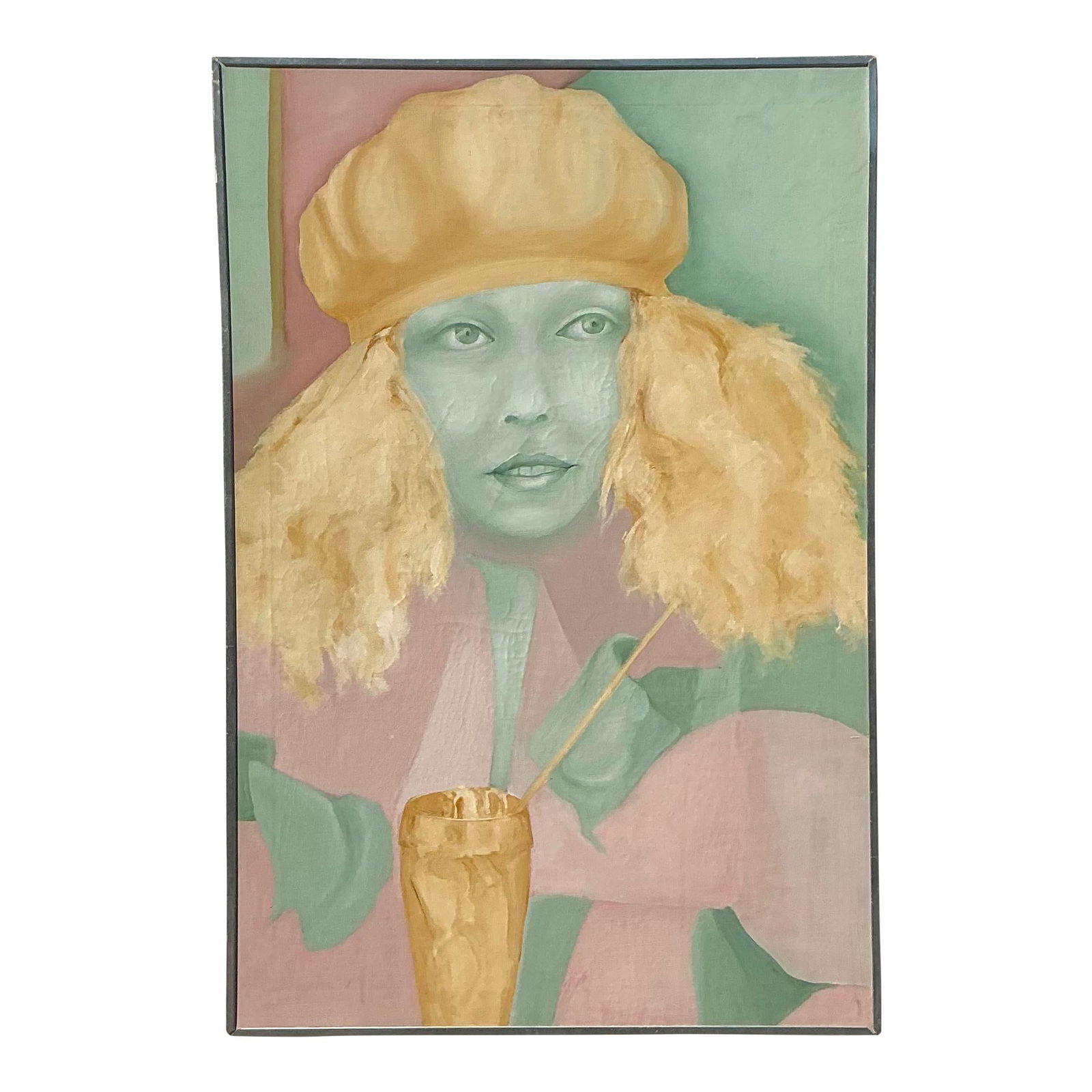 Mid Century Vintage Boho Oil Painting Woman Golden Hair 24.25x36: Mid Century Vintage Boho Oil Painting Woman Golden Hair 24.25x36 This vintage oil painting presents a mesmerizing portrait in soft pastels and bold expressions. Depicting a woman with flowing golden