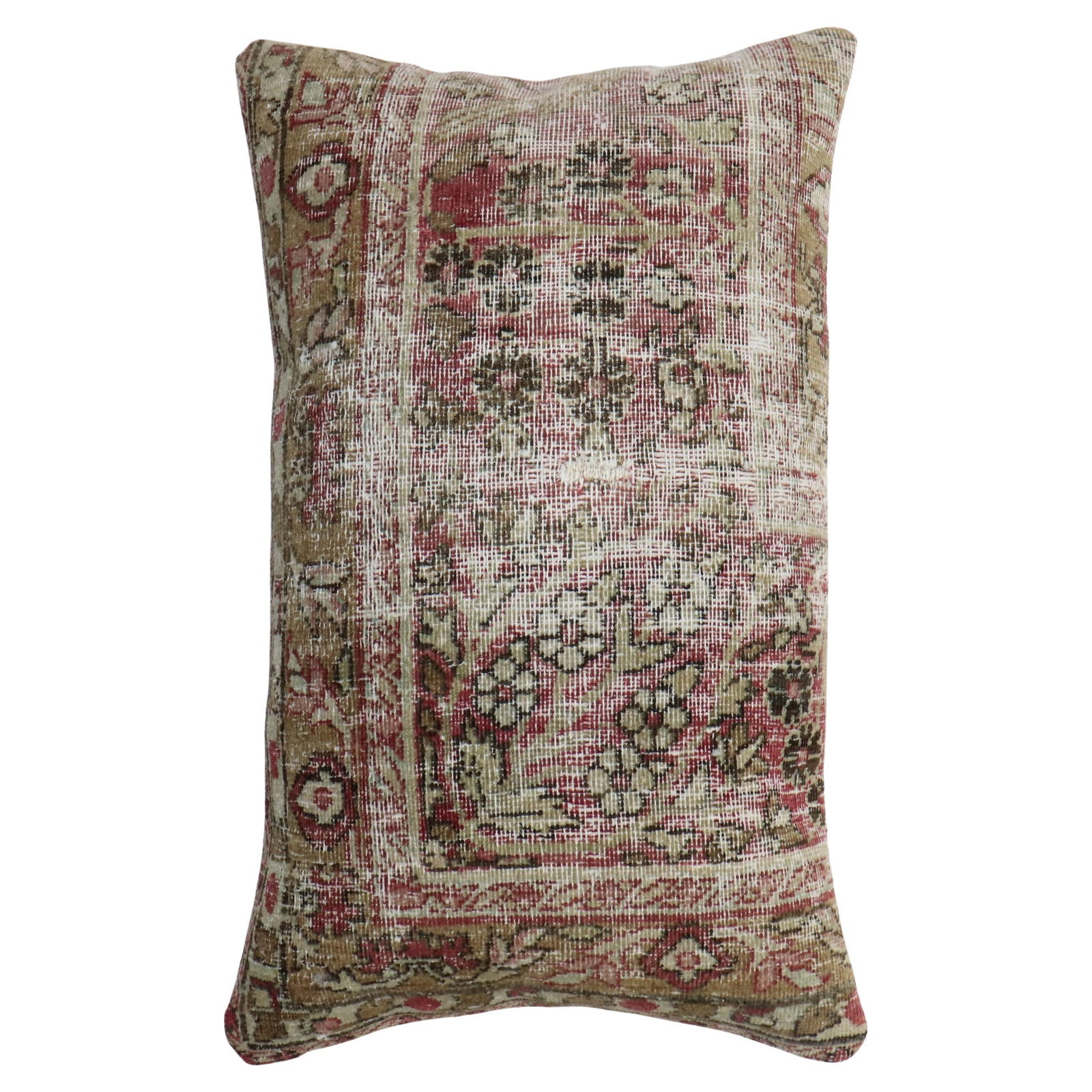 19th Century Tabriz Floral Persian Kerman Rug Pillow 15 x 24: 19th Century Tabriz Floral Persian Kerman Rug Pillow 15 x 24 This exquisite pillow is crafted from a worn 19th-century Pictorial Persian Kerman rug, showcasing the intricate beauty of traditional Tabr