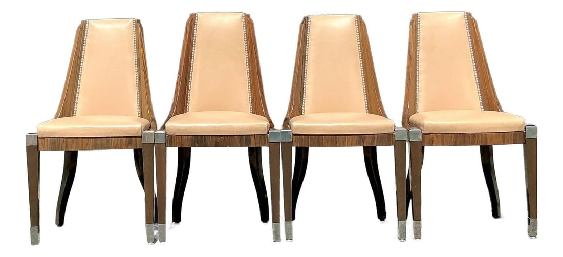 Art Deco Ruhlmann Style Vintage Dining Chairs Set of 4 Burl Wood Leather (1 of 10)