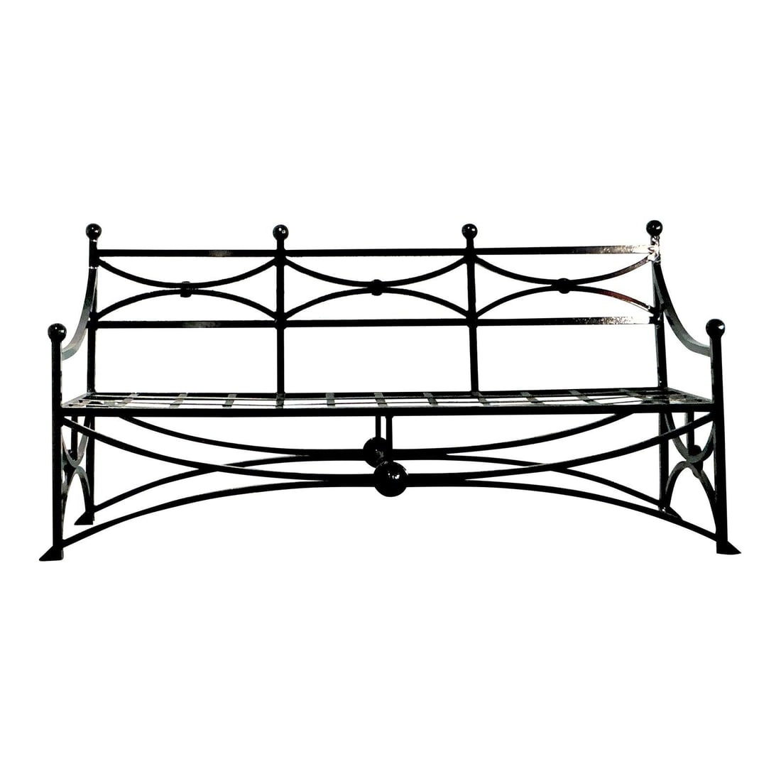 Vintage Regency Black Cast Aluminum Sloped Arm Sofa: Vintage Regency Black Cast Aluminum Sloped Arm Sofa This Vintage Regency Cast Aluminum Sloped Arm Sofa beautifully embodies the timeless elegance of English garden furniture, showcasing a stunning exa