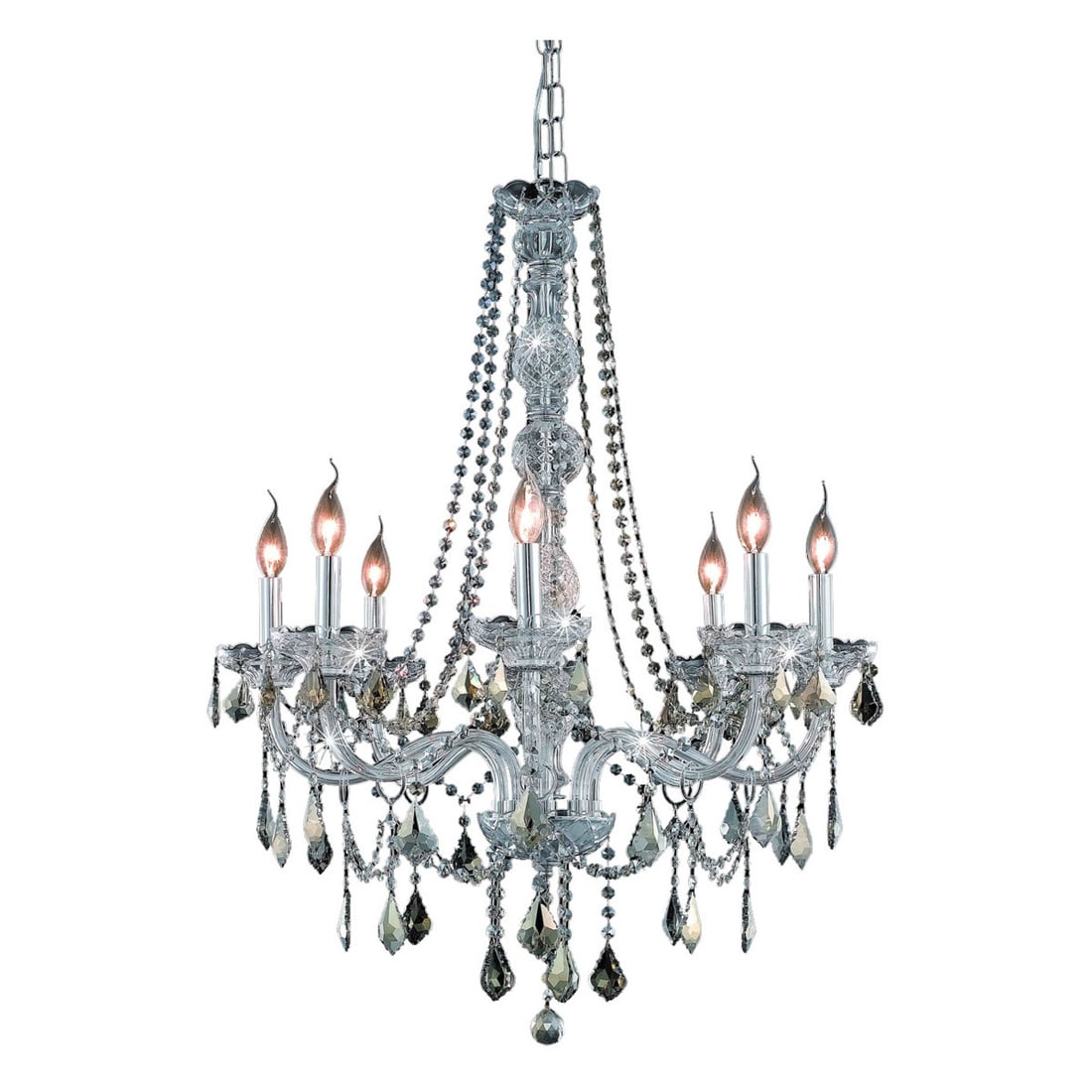 Elegant Chrome Verona 8-Light Golden Teak Crystal Chandelier 28": Elegant Chrome Verona 8-Light Golden Teak Crystal Chandelier 28" Illuminate your space with the stunning Verona 8-Light Crystal Chandelier, featuring a beautiful chrome frame and exquisite golden teak