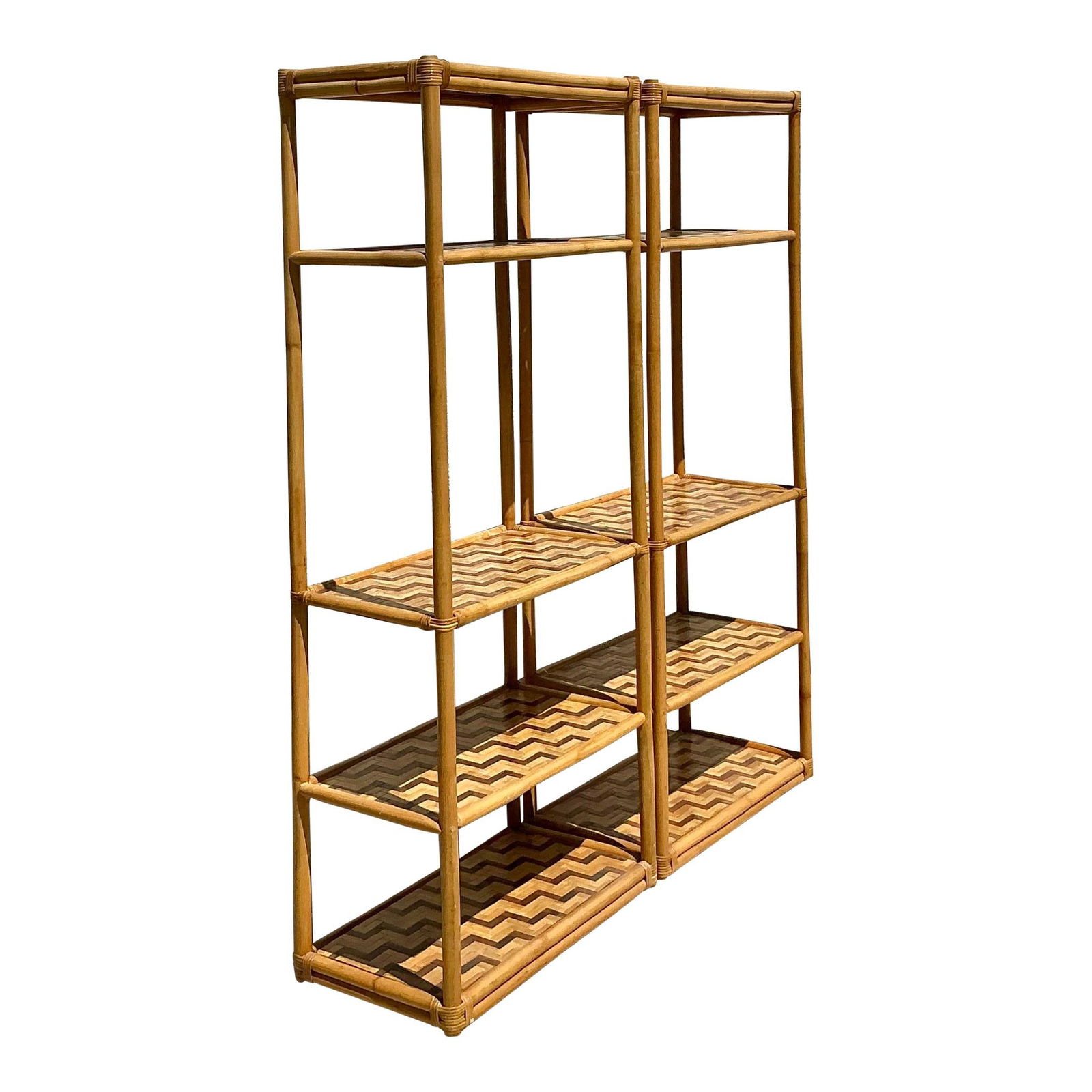 Pair of Vintage Coastal Rattan Etagere with Parquet Design (1 of 10)