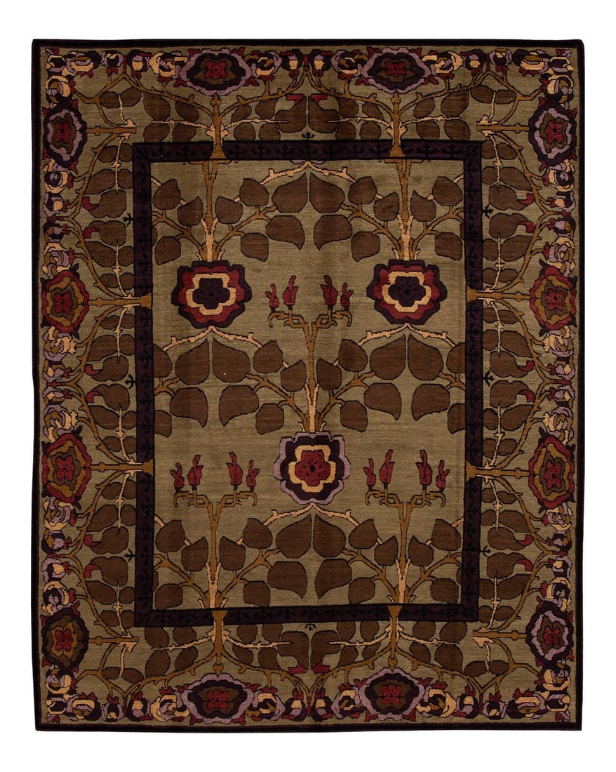 Hand-Knotted Tibetan Wool Rug Olive Floral Design 8' x 10' (1 of 10)