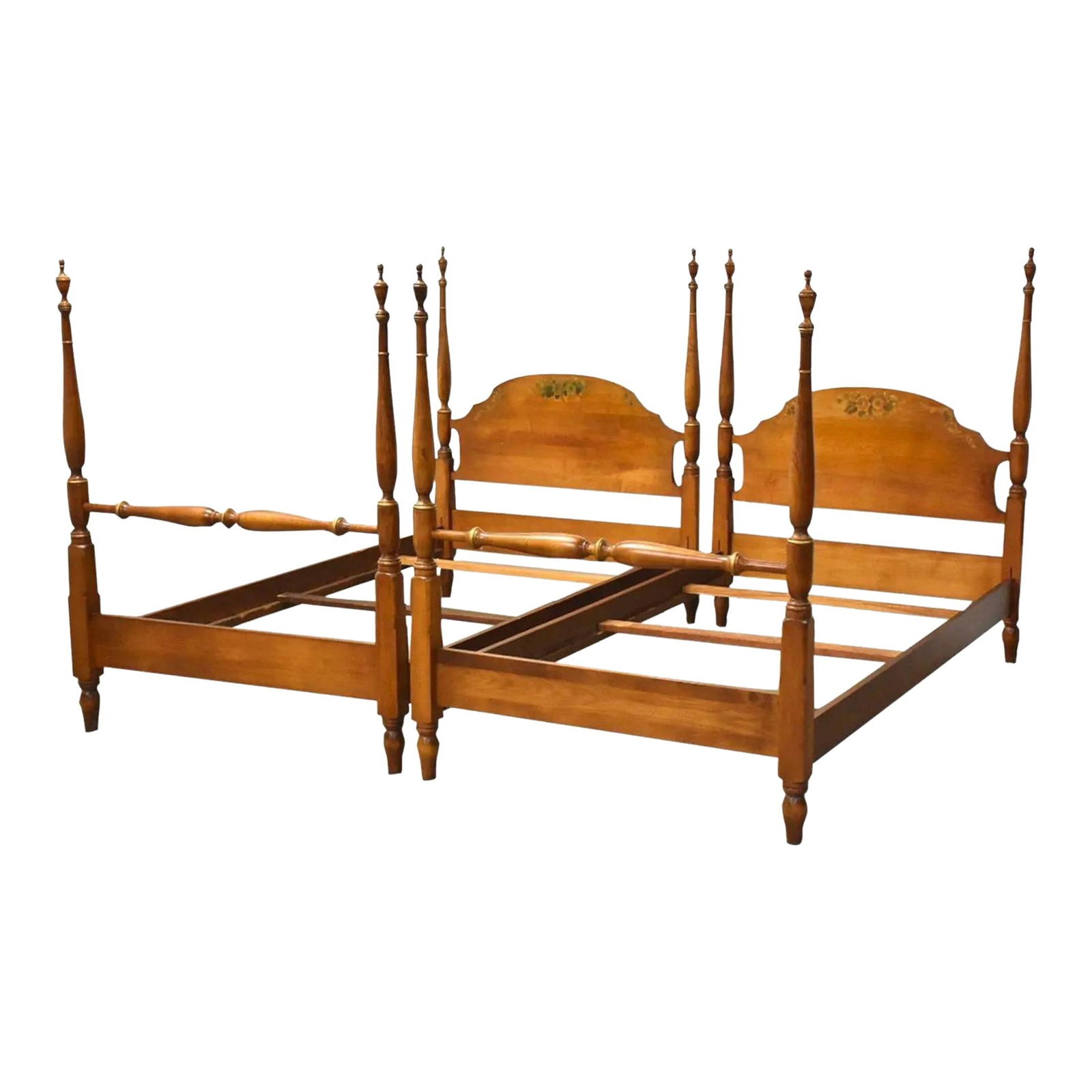 Hitchcock Stenciled Twin Beds Pair Solid Maple Brown (1 of 9)