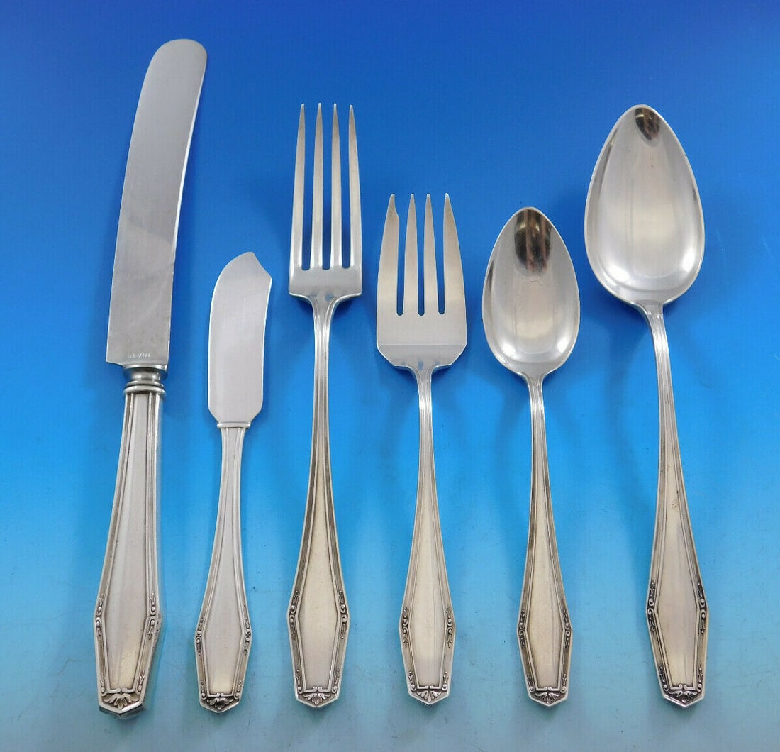Alvin Flanders New Sterling Silver Flatware Set for 10 70 Pieces Art Deco: Alvin Flanders New Sterling Silver Flatware Set for 10 70 Pieces Art Deco Discover the exquisite Flanders New flatware set by Alvin, crafted from sterling silver during the Art Deco period (circa