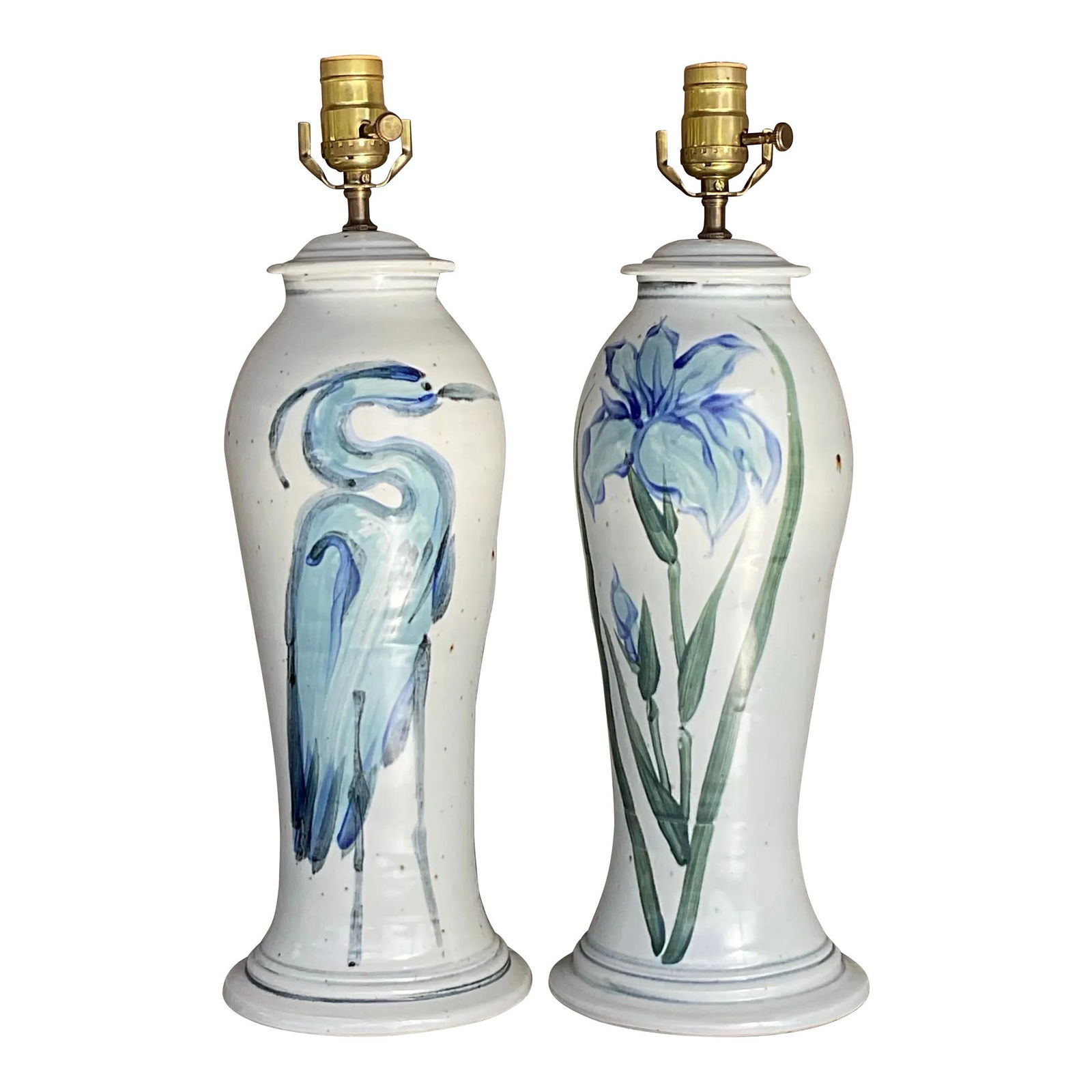 Vintage Hand Painted Ceramic Lamps Pair Florida Motif Crane Bamboo (1 of 8)