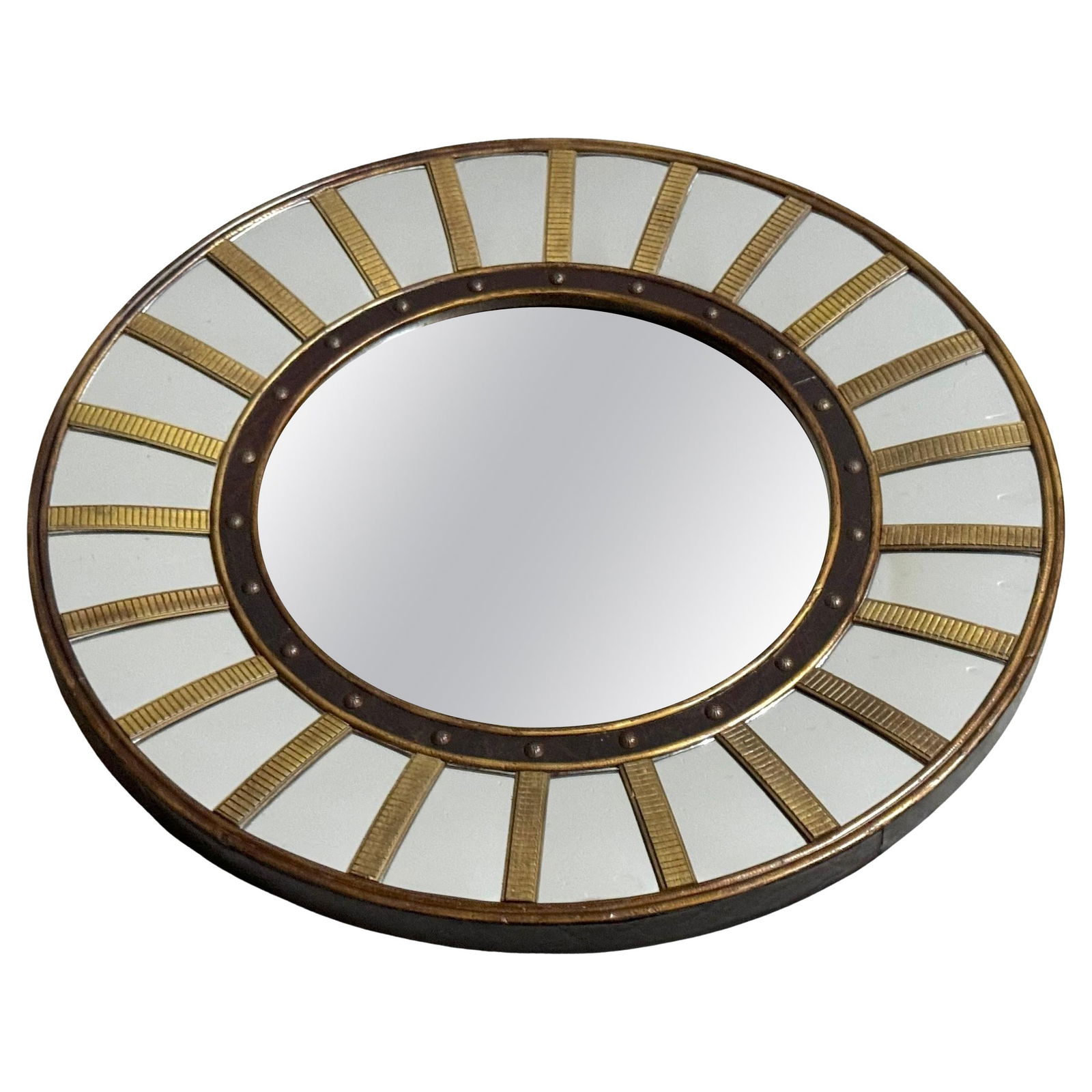 Regency Revival Circular Brass Lacquer Mirror 34.5 Inches England: Regency Revival Circular Brass Lacquer Mirror 34.5 Inches England Enhance your space with this exquisite Regency-style circular mirror, featuring a brass and lacquer finish with a convex surround. Thi