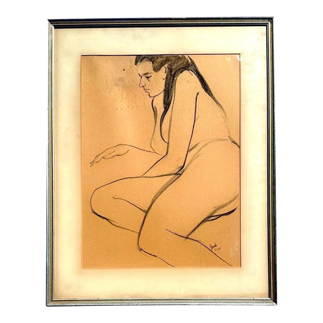 Signed Charcoal Figure Study Original Vintage Drawing: Signed Charcoal Figure Study Original Vintage Drawing This vintage original signed figure drawing features a seated figure in a contemplative pose, rendered with delicate, expressive lines. The artwor