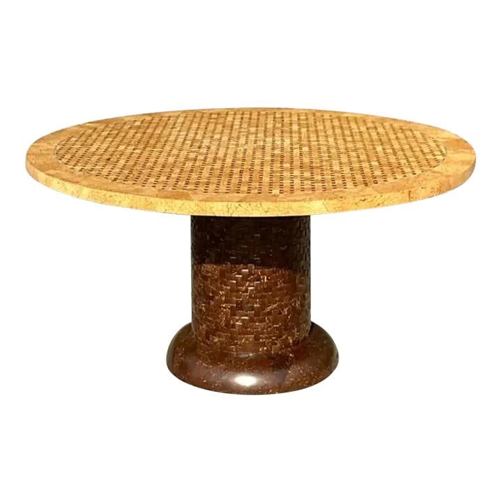 Vintage Boho Tessellated Coconut Shell Dining Table in Coffee: Vintage Boho Tessellated Coconut Shell Dining Table in Coffee Experience rustic elegance with this Vintage Boho Tessellated Coconut Shell Dining Table. Designed with American craftsmanship, it