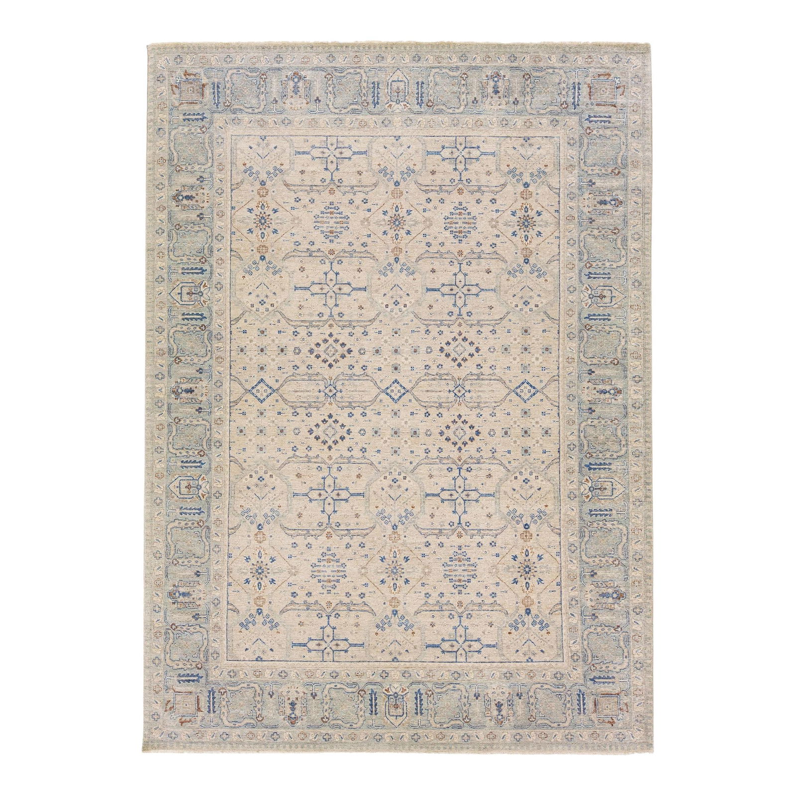 Beige Floral Wool Rug 9'10 x 13'8 Handmade: Beige Floral Wool Rug 9'10 x 13'8 Handmade Experience the elegance of handcrafted artistry with this Beige Modern Indian Handmade Floral Wool Rug. Part of Artisan line, this rug presents a unique