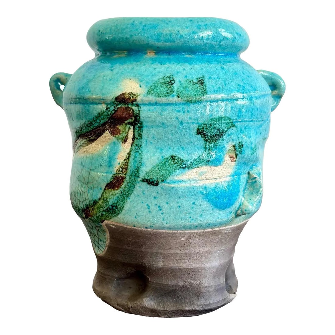 Hand Painted Turquoise Ceramic Vase with Green and Brown Brushwork (1 of 5)