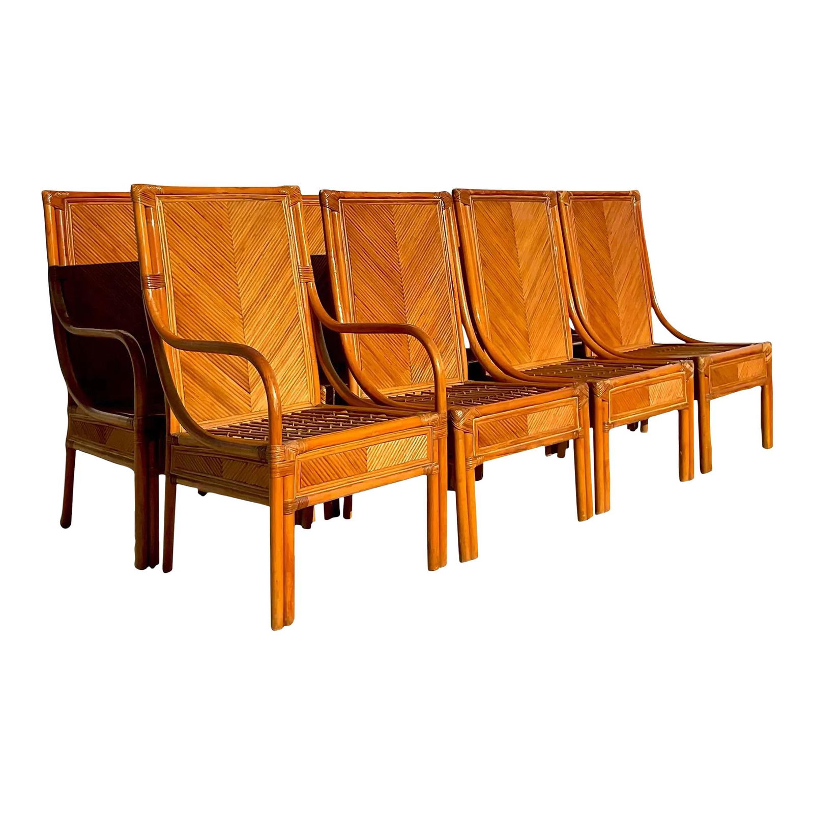 Vintage Coastal Chevron Dining Chairs Set of 8 in Camel: Vintage Coastal Chevron Dining Chairs Set of 8 in Camel This stunning set of 8 vintage Coastal dining chairs features a unique pencil reed frame crafted in an elegant Chevron design. The collection in