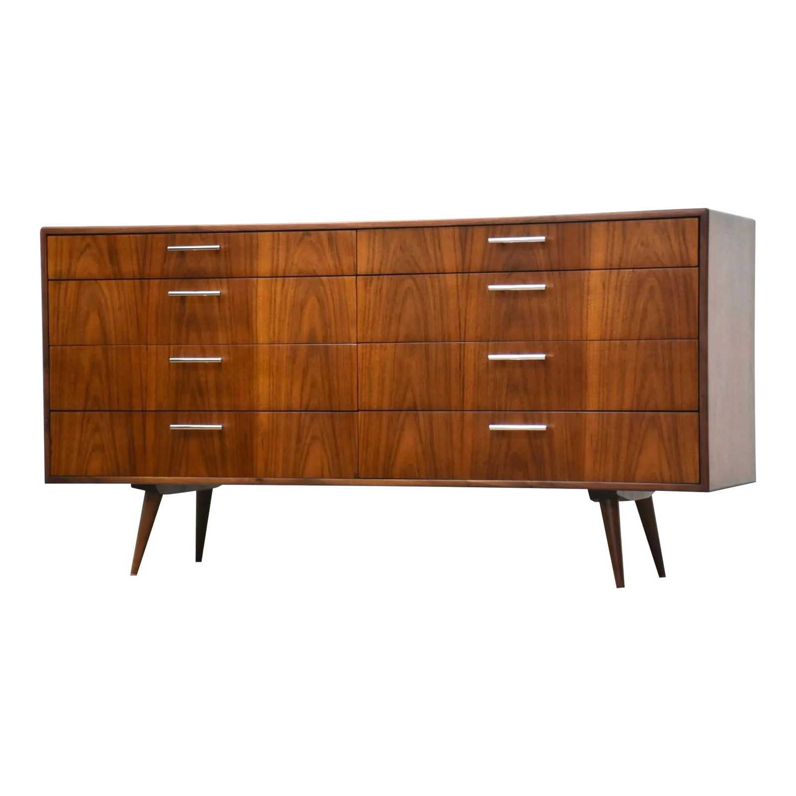 Mid Century Modern Refinished Dresser by Founders 66" Brown Wood: Mid Century Modern Refinished Dresser by Founders 66" Brown Wood This elegant mid-century modern dresser showcases a rich walnut finish and features stylish chrome drawer pulls. Crafted by Founders Fu