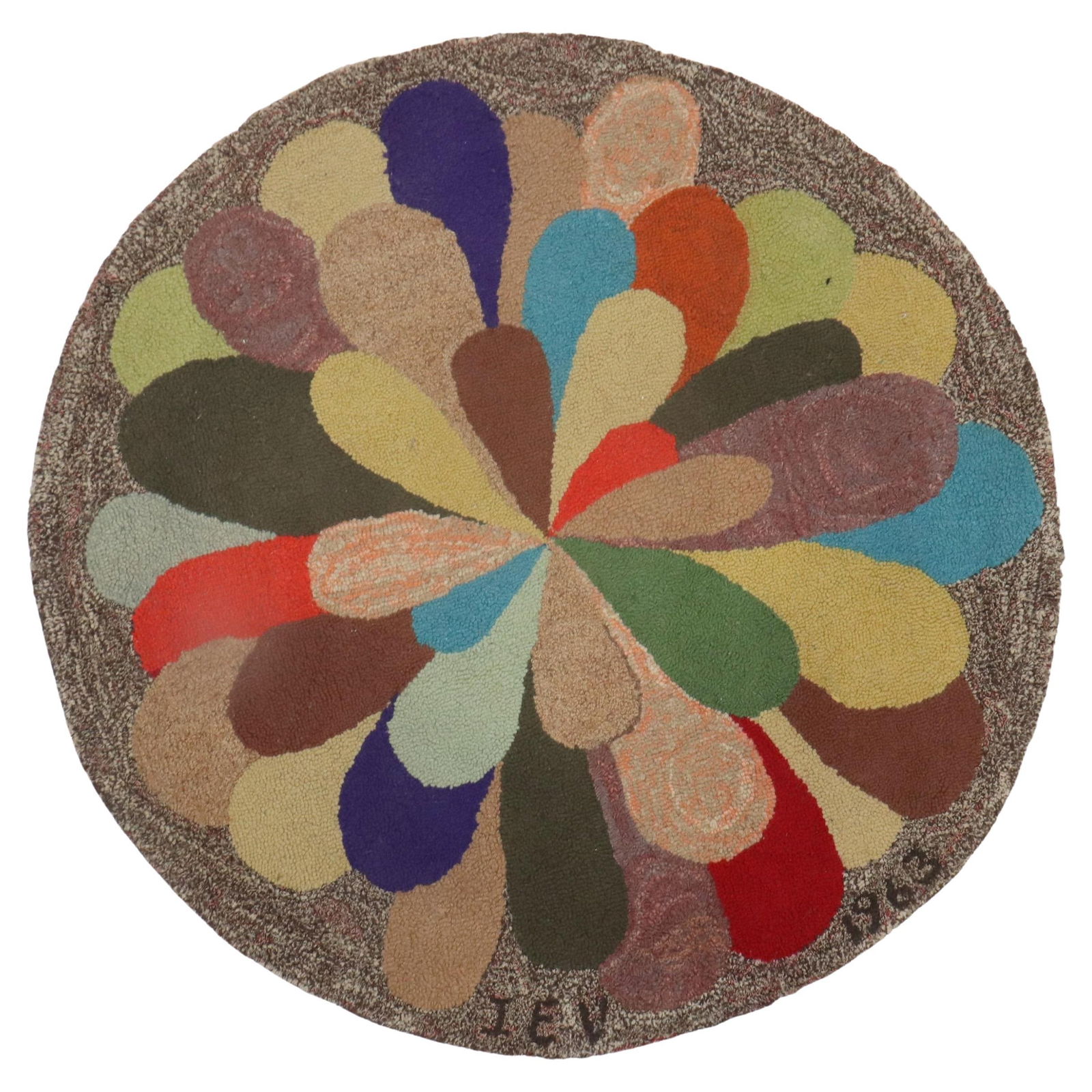 Rare 1963 Round American Hooked Rug Mid-Century Modern Wool (1 of 7)