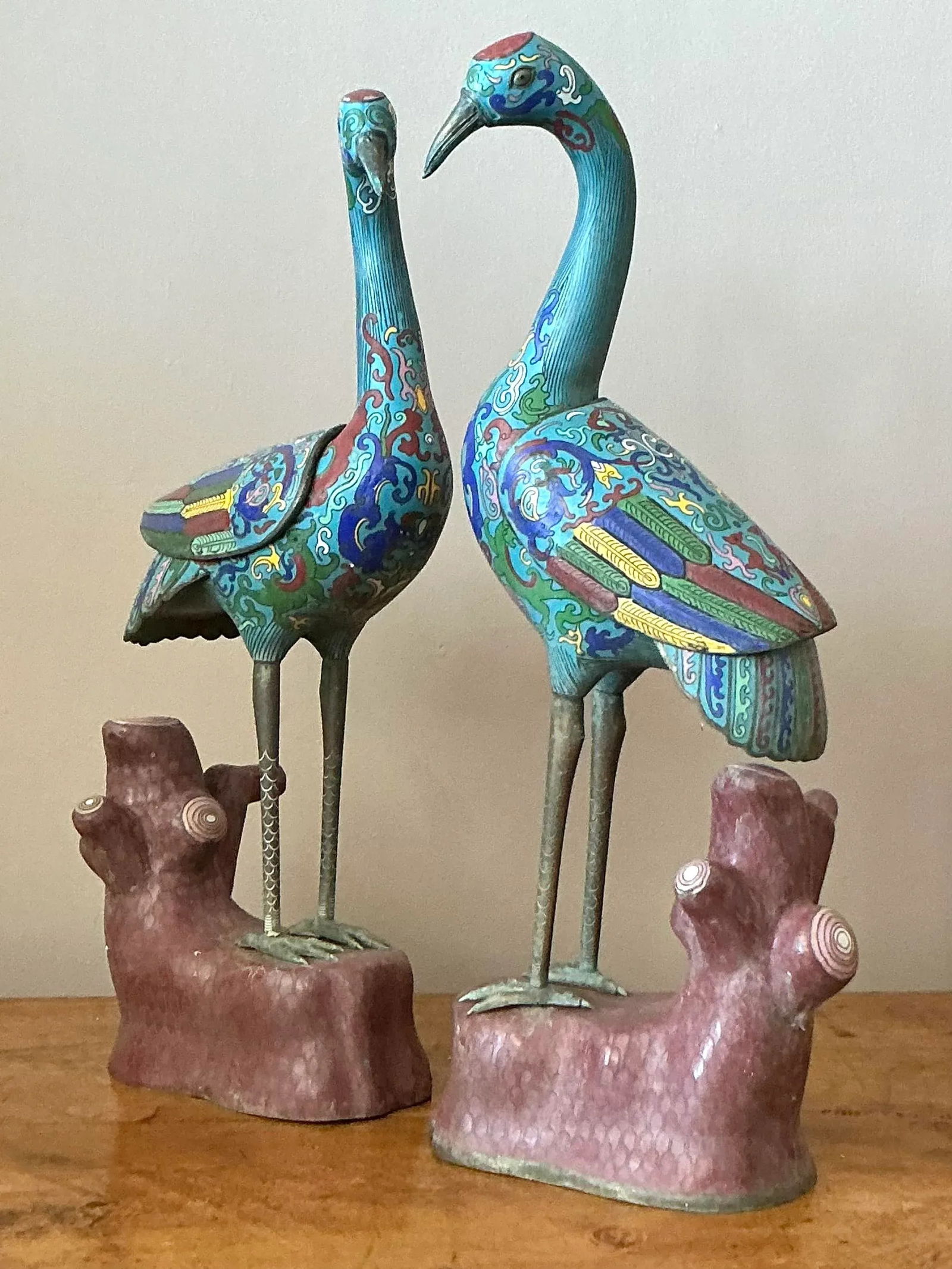 Vintage Cloisonne Cranes Statues Set of 2 Asian Art - 2