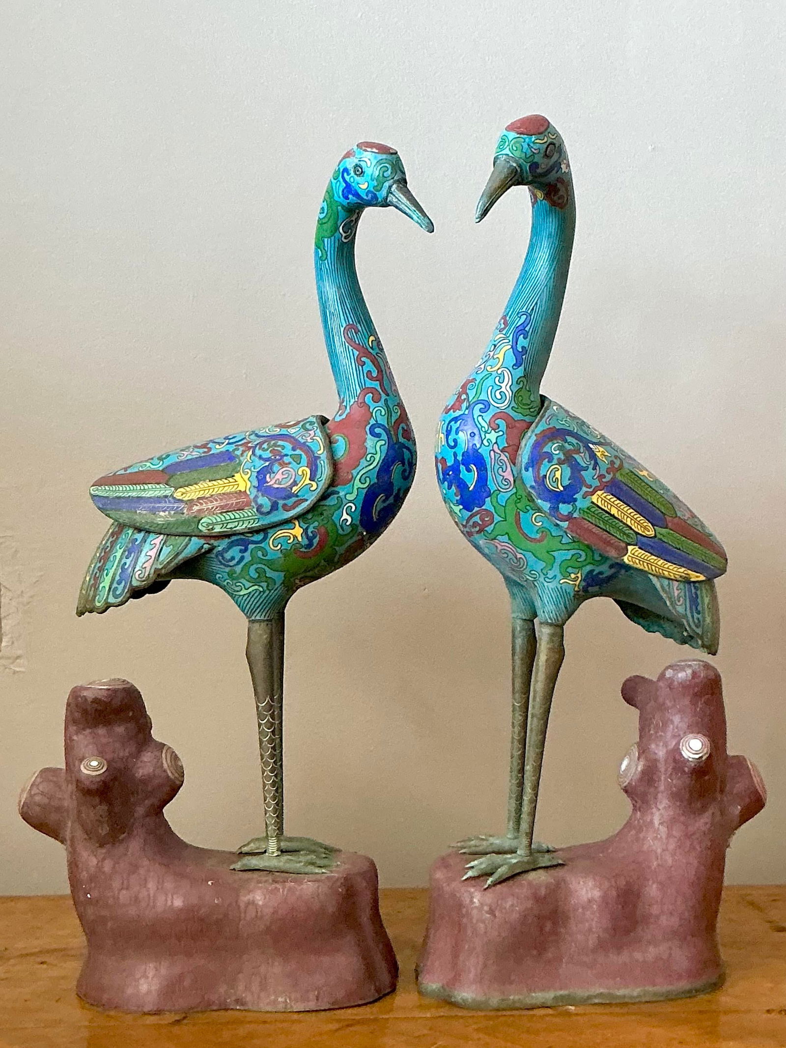 Vintage Cloisonne Cranes Statues Set of 2 Asian Art - 3