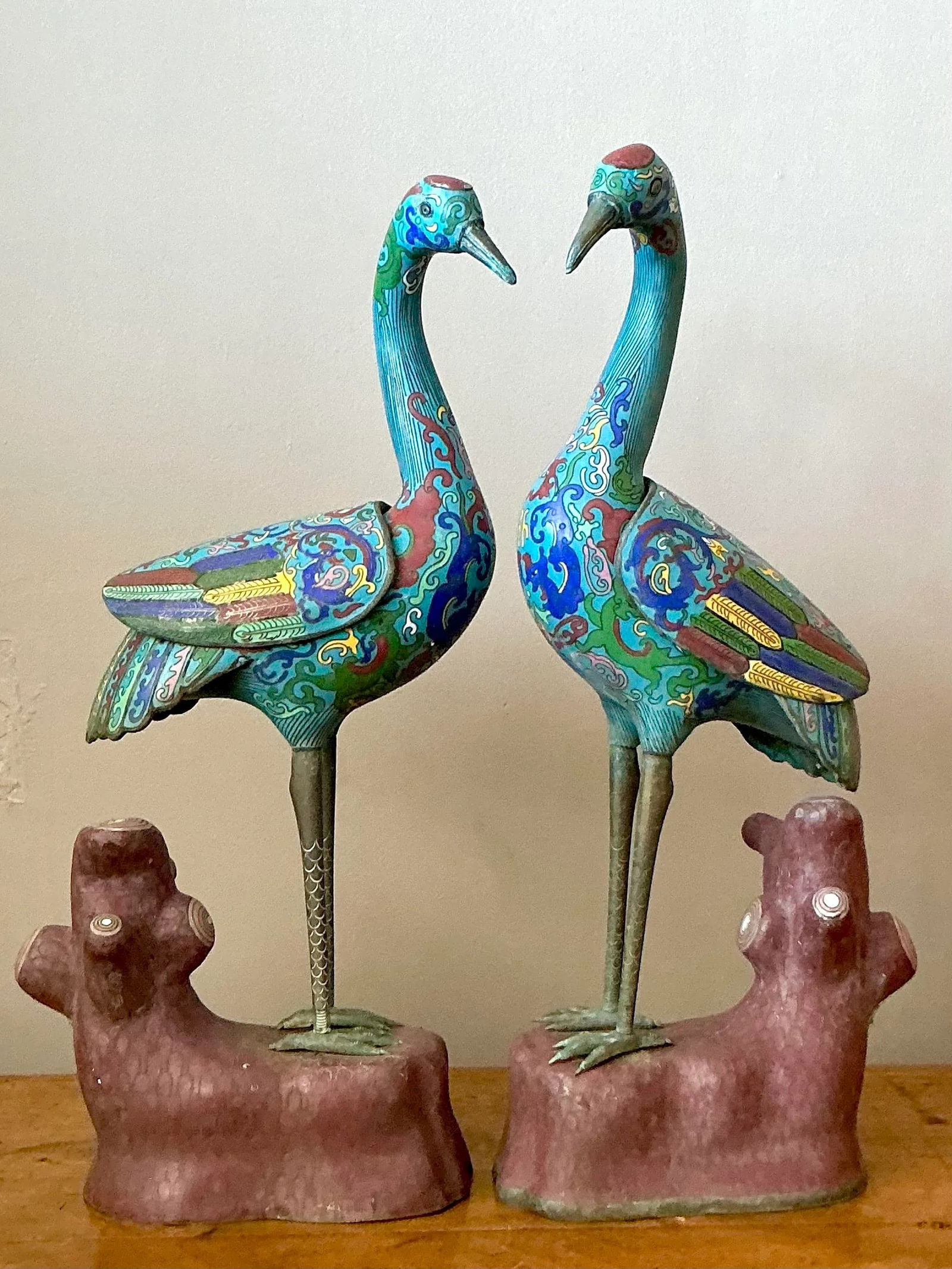 Vintage Cloisonne Cranes Statues Set of 2 Asian Art - 4